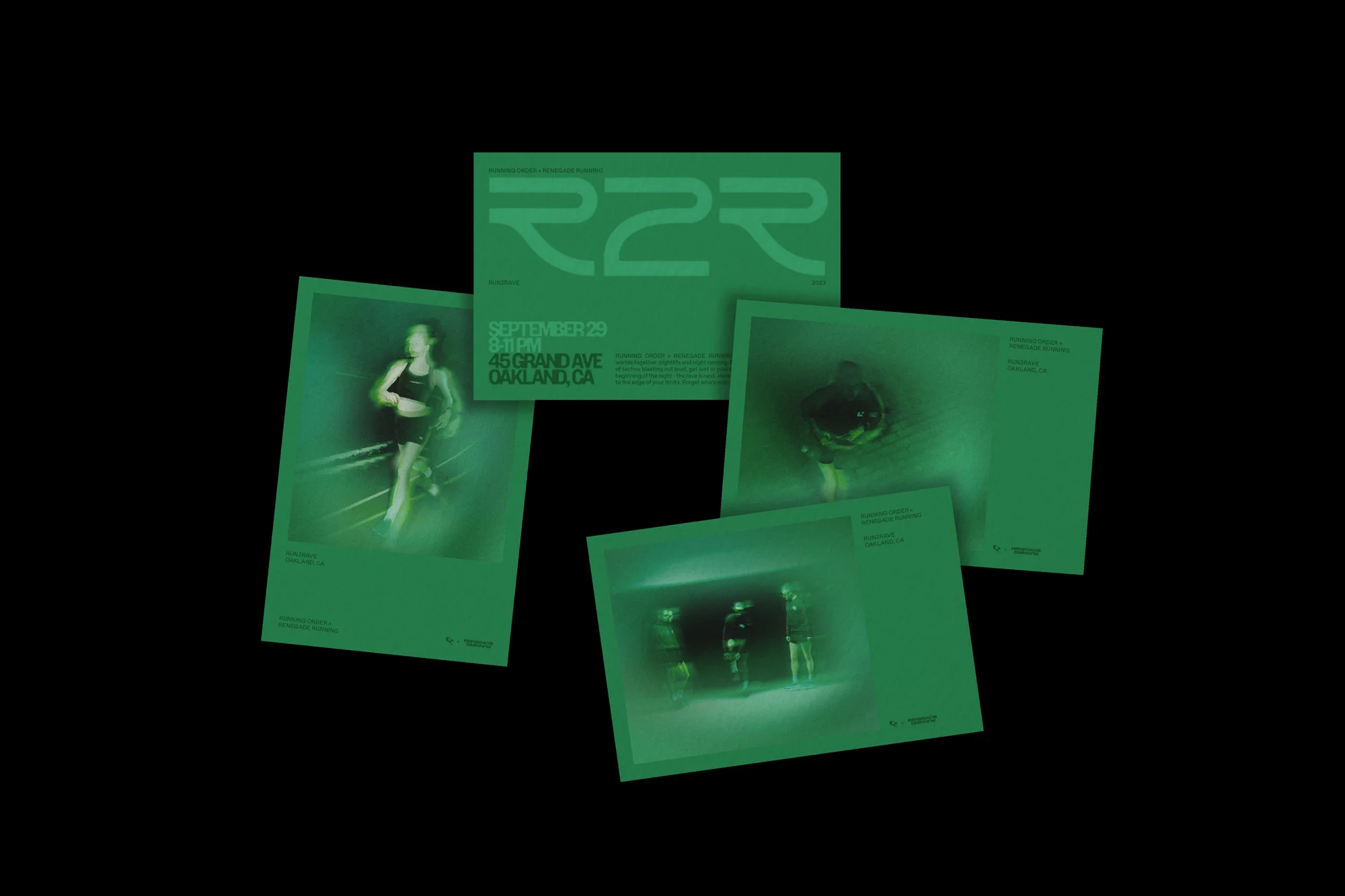 Four green posters showcase event details, including one with a runner, against a black background. Graphic design with text elements.