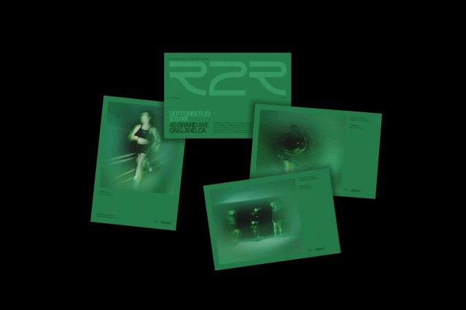 Four green posters showcase event details, including one with a runner, against a black background. Graphic design with text elements.