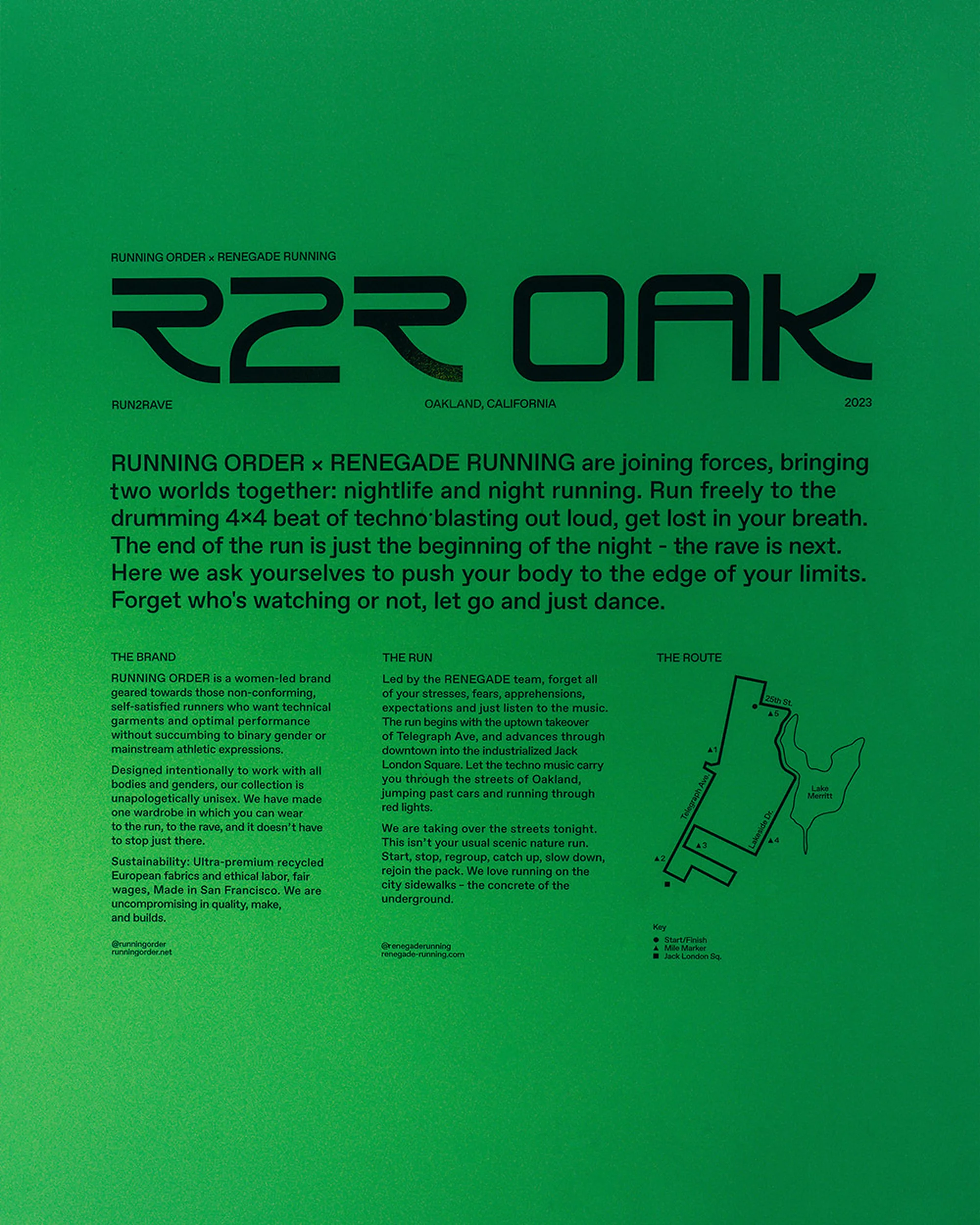 Promotional poster for a running event. Text includes "Running Order x Renegade Running" and "RZR OAK," featuring a route map on a green background.