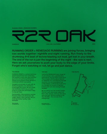 Promotional poster for a running event. Text includes "Running Order x Renegade Running" and "RZR OAK," featuring a route map on a green background.
