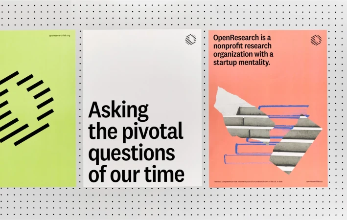 Three posters with graphic design and typography against a dotted background. The posters have vibrant colors and modern design elements.