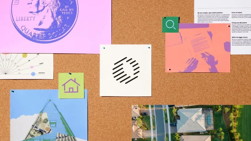 Corkboard with pinned notes featuring a U.S. quarter, charts, house icon, dollar bills, workspace scene, and residential neighborhood aerial.