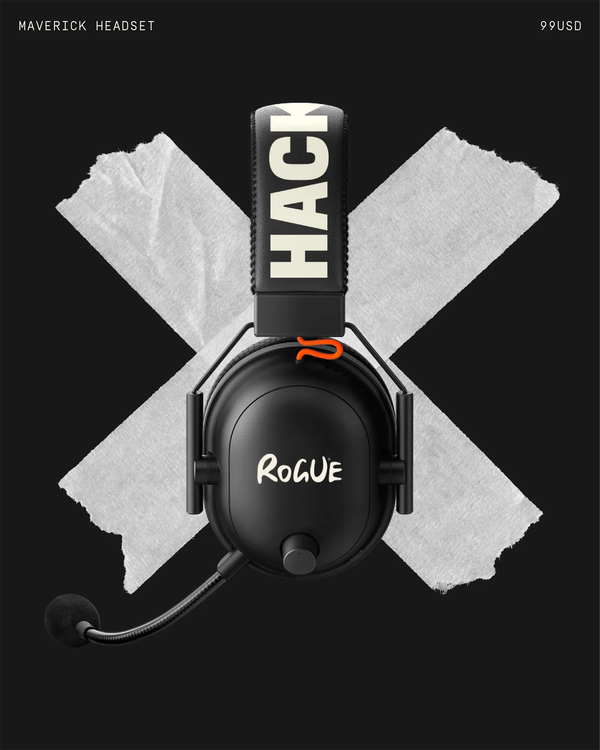 Black gaming headset with mic and 'HACK ROGUE' logo displayed against a black backdrop with X of white duct tape.