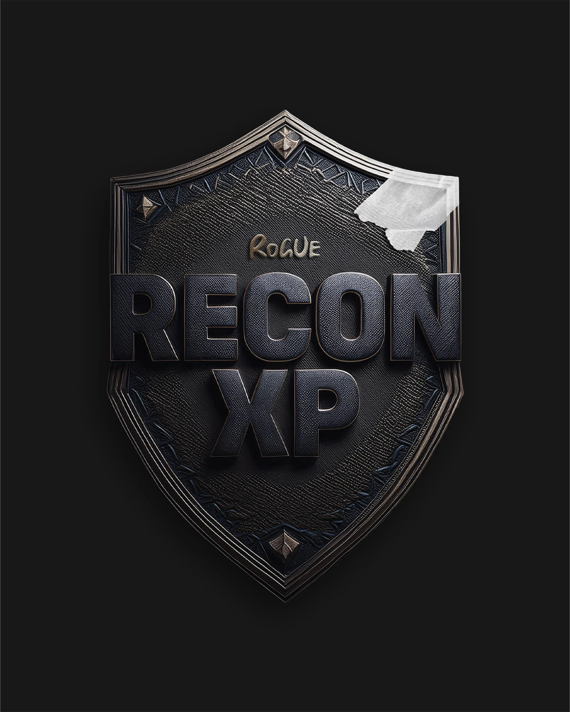 Stylized shield graphic with Recon XP and Rogue text. Metal shield with dark textured background and badge elements, dark color palette.