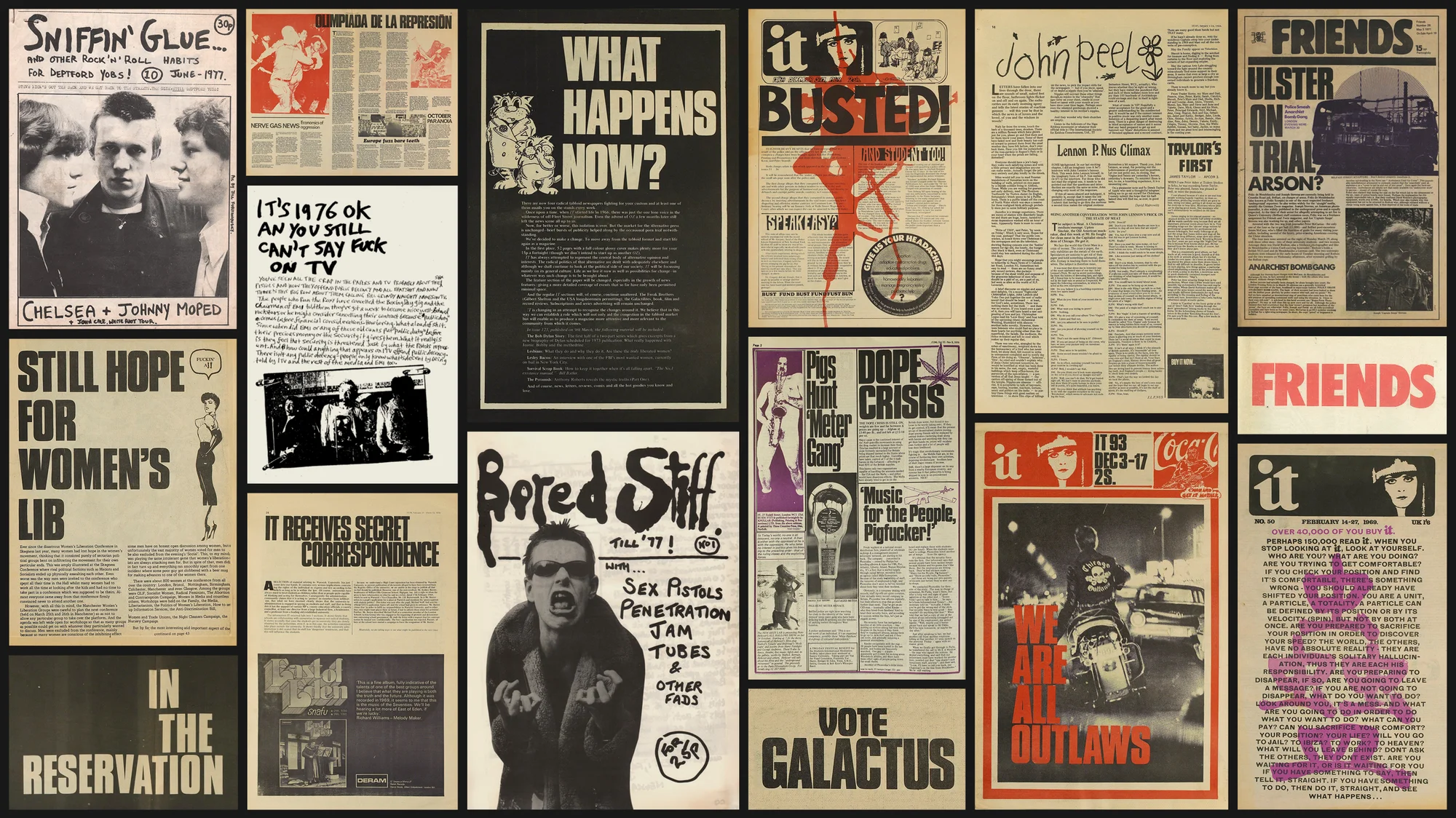 Collection of vintage punk rock posters and zines with bold typography and black and white imagery on display.