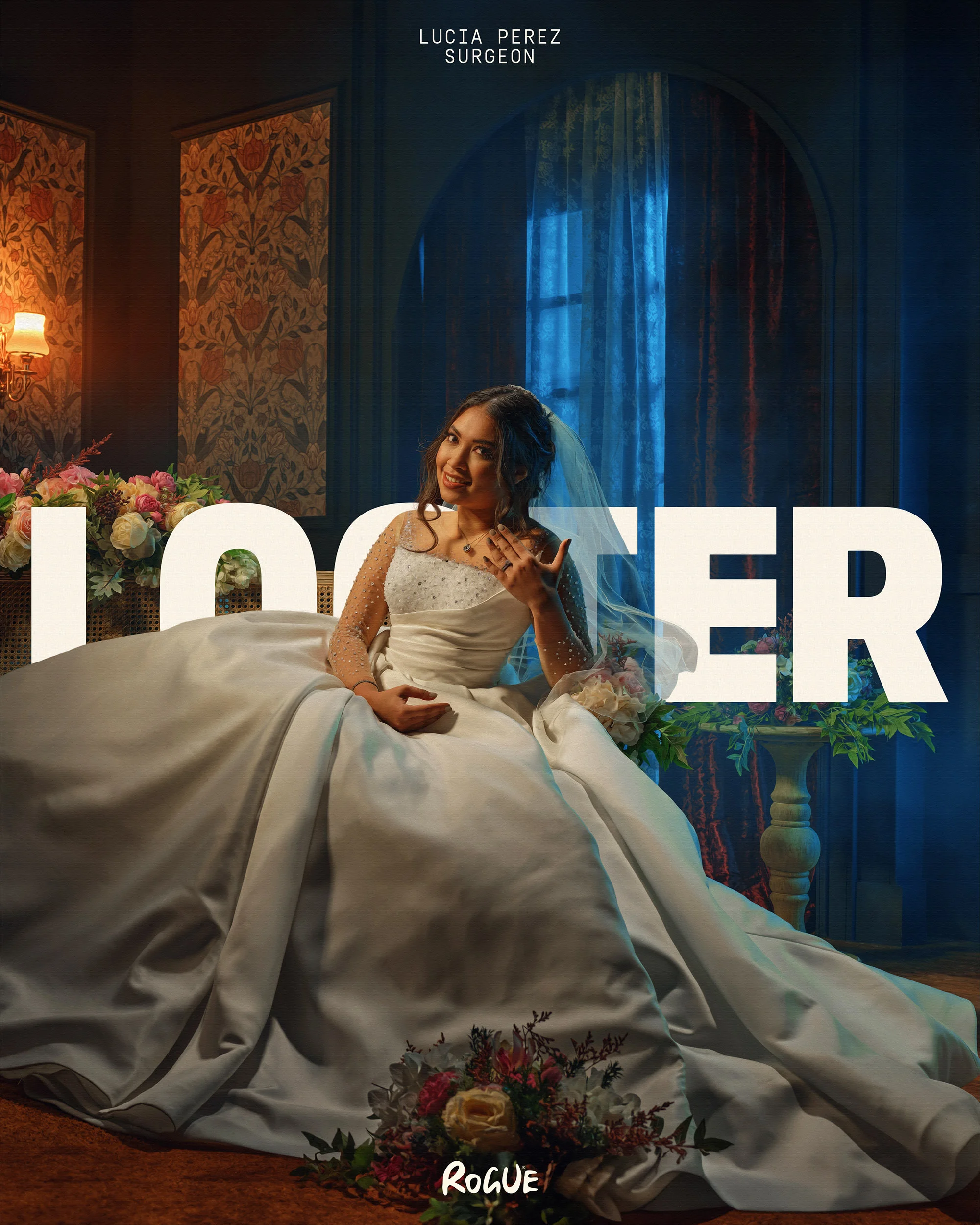 Bride in a white wedding gown sits in an interior setting with flowers, text overlay, and soft lighting from a nearby lamp.