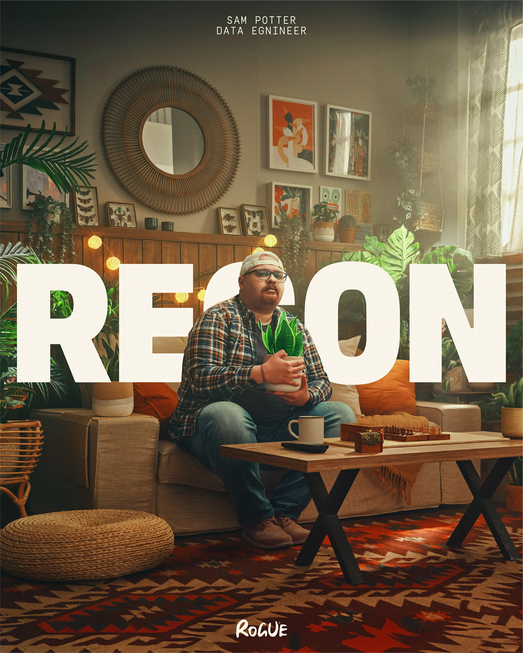 An adult male sits on a neutral-toned couch in a warmly lit living room, holding a potted plant, with the word 'RECON' overlaid.
