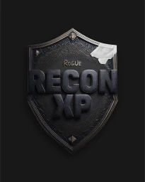 Textured black shield emblem displaying Rogue Recon XP with a piece of white tape on the upper right edge against a dark background
