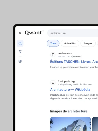 Digital display of a Qwant search results page for 'architecture', showcasing search results and architectural imagery.