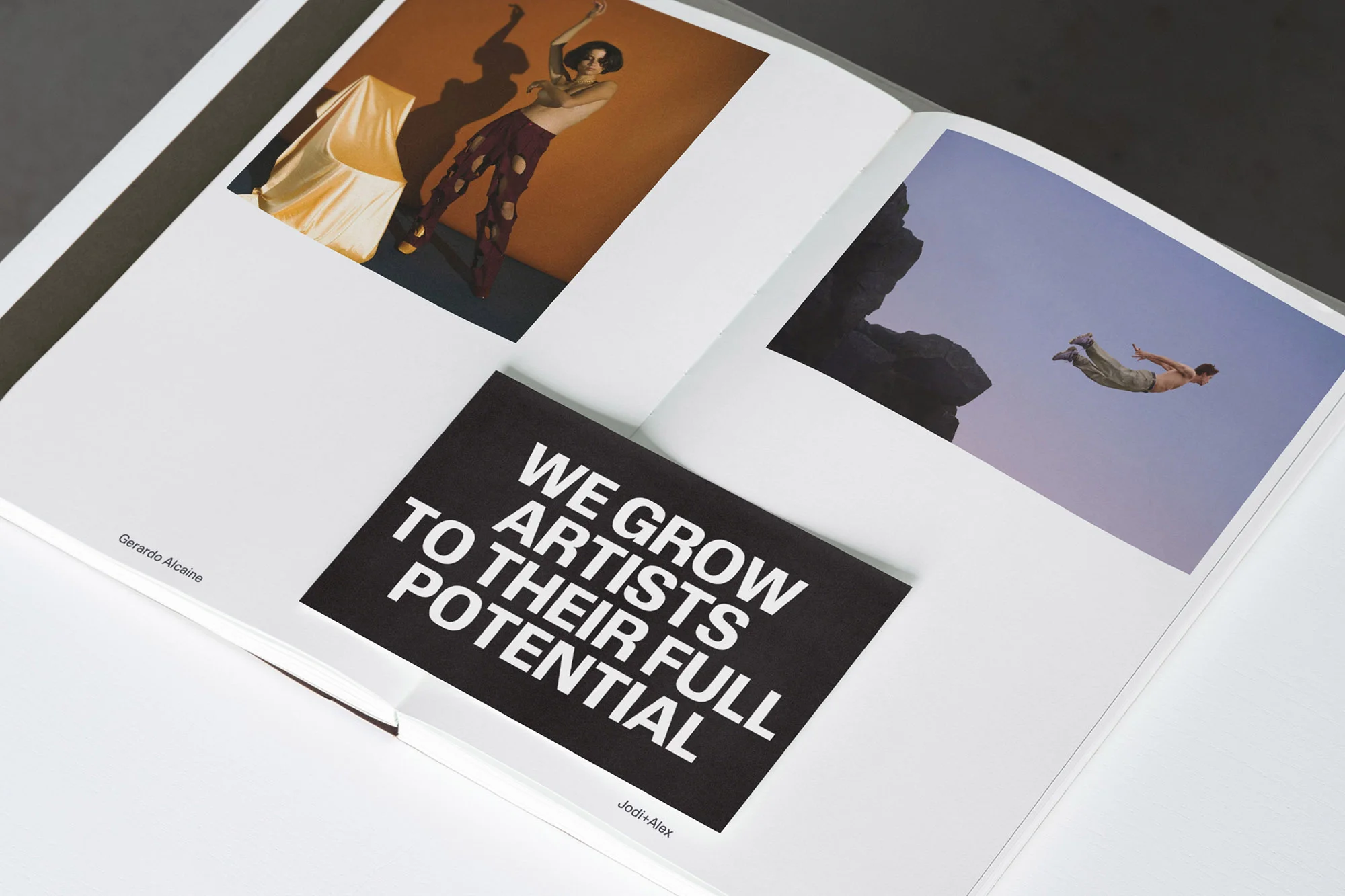Open book spread features artistic fashion and nature photography adjacent to text block with a focus on creative potential.