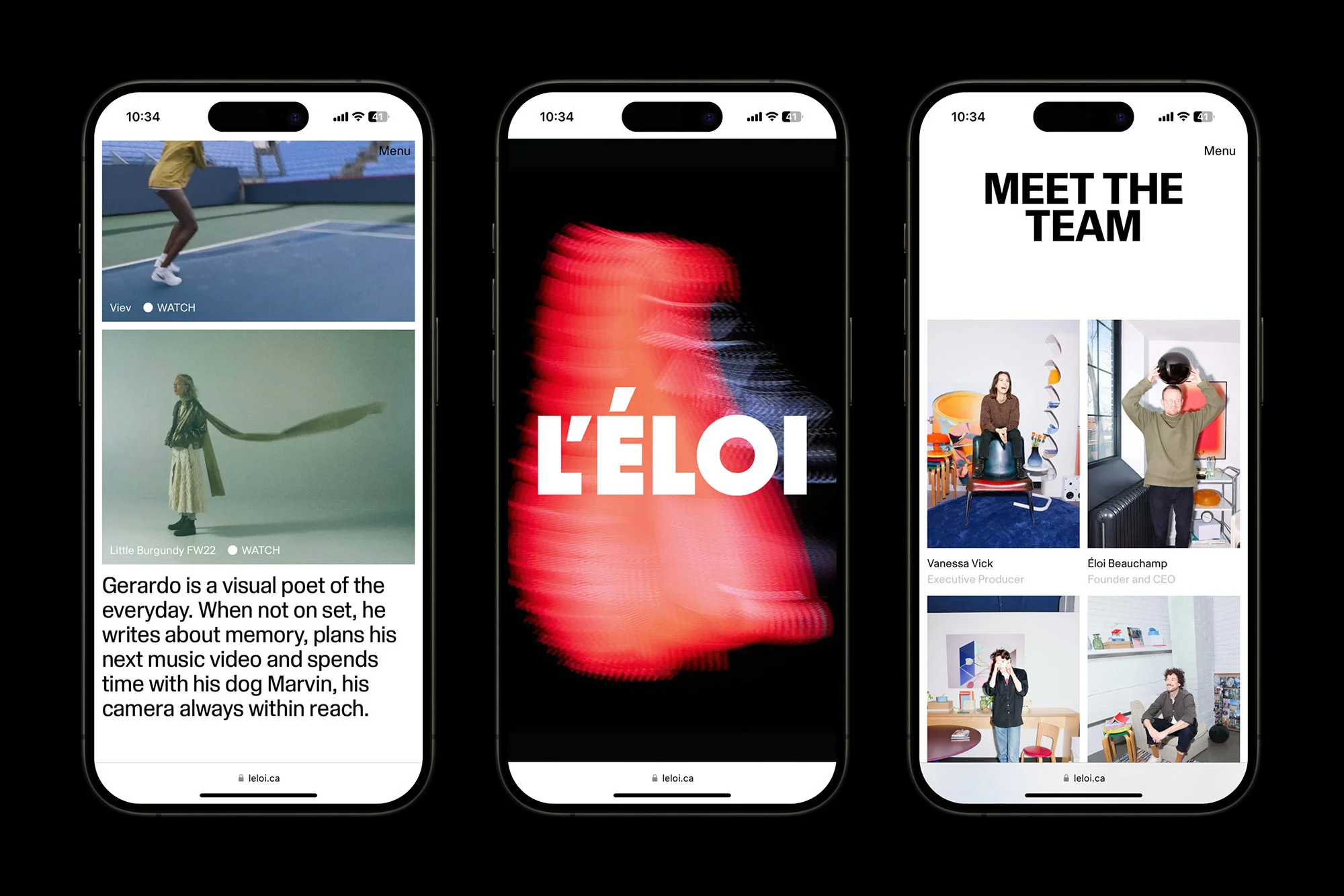 Three smartphone screens display the L'ÉLOI website, showcasing team members, fashion editorials, and the company logo against a black background.