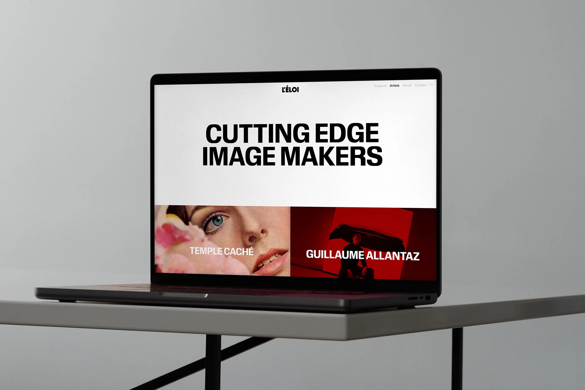 Laptop displays a website for 'Cutting Edge Image Makers' with a beauty editorial split with a portrait of a man with a kayak.