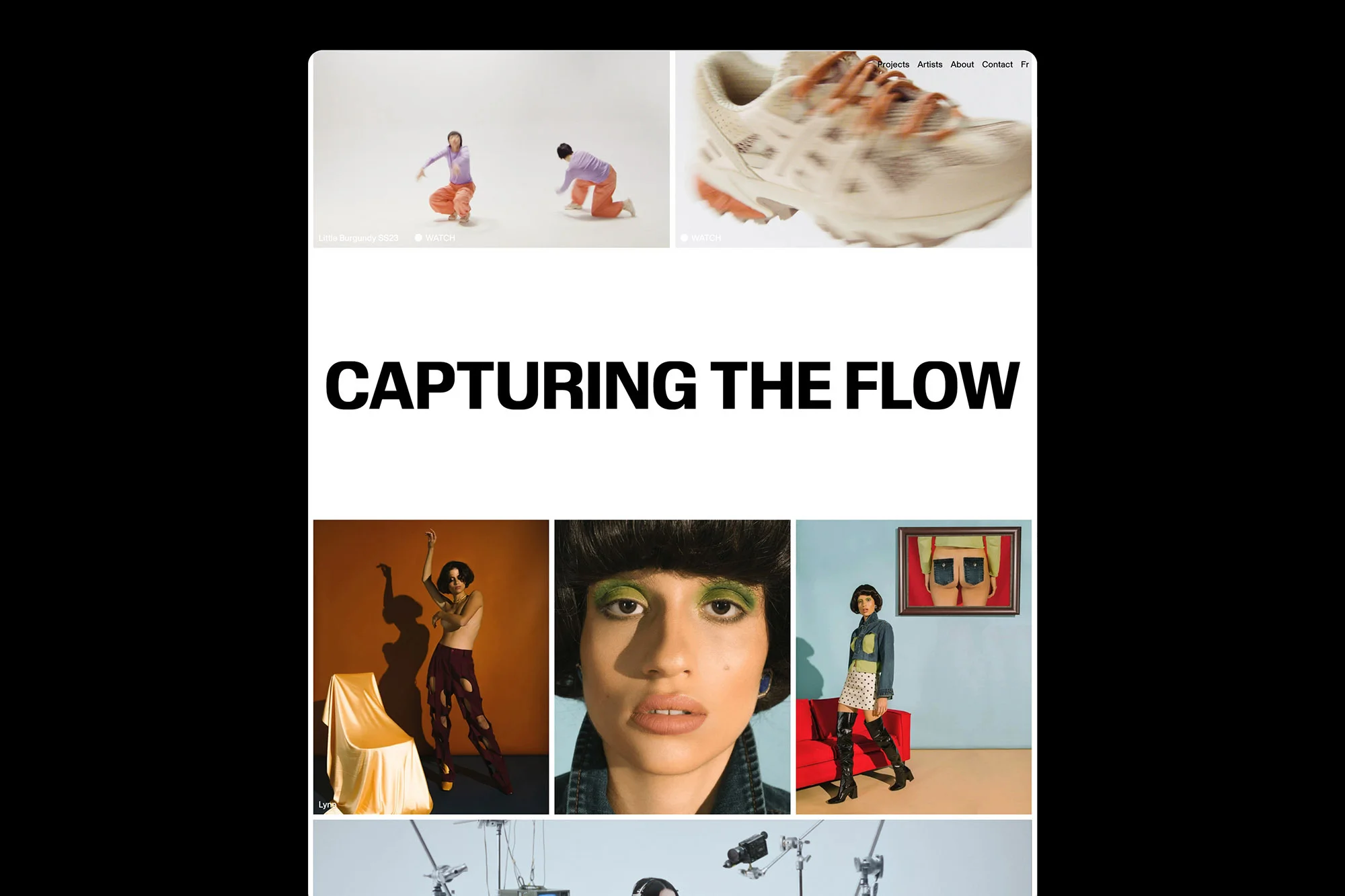 Collage of fashion and lifestyle imagery featuring models, apparel, footwear, and studio photography for Visie creative platform.