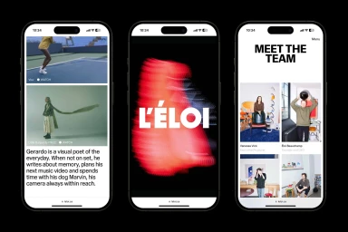 Three smartphones displaying mobile website pages with brand identity design for L’Éloi against a black background.