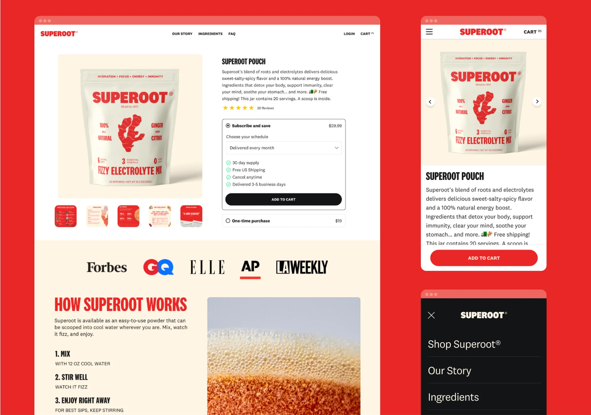 Superoot website and mobile app displayed, showcasing the brand's fizzy electrolyte mix with images and product information on a red background.