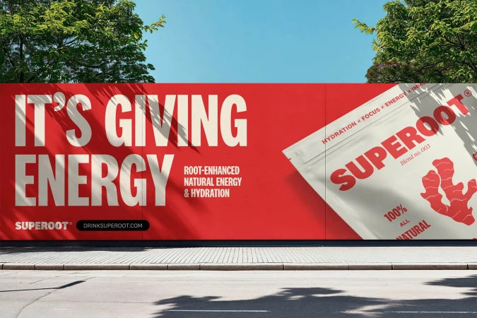 Product advertisement on a wall featuring Superoot, a root-enhanced natural energy drink, with trees and blue sky visible above the wall.