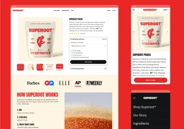 Digital brand identity and e-commerce website design layouts for Superoot featuring product packaging and press logos