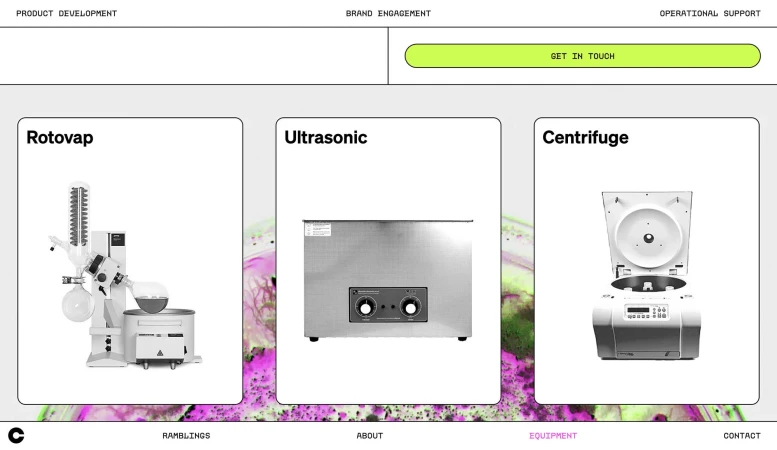 Laboratory equipment including a Rotovap, Ultrasonic cleaner, and Centrifuge, set against an abstract background, displayed for product showcasing.