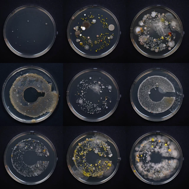 Petri dishes showcase varying microbial colony growth patterns and colors, illuminated against a dark background, used in scientific studies.