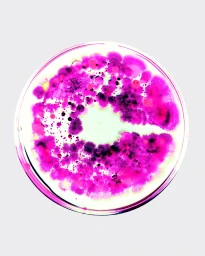 Round petri dish containing vibrant pink and magenta organic colony growth against a clean white background