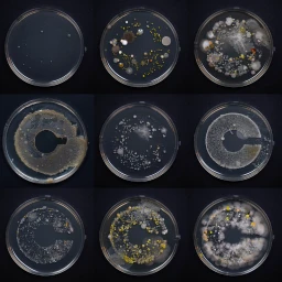 Grid of nine petri dishes showing a time-lapse sequence of microbial colonies growing into a C shape against a dark background.