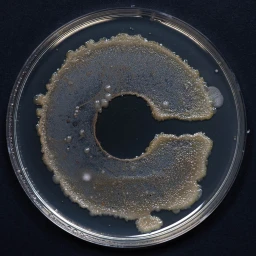 Microbial culture grown in a letter C shape inside a clear glass Petri dish set against a dark background