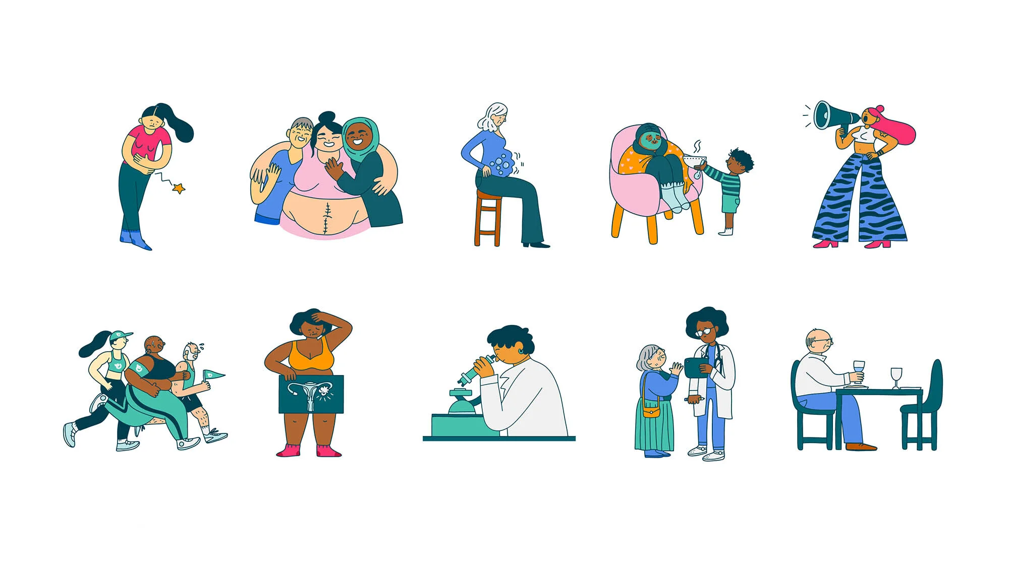 Diverse group of people illustrations representing various health issues, medical consultations, and social support, on a white background.