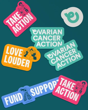 Collection of colorful stickers with ovarian cancer awareness messages and supportive imagery arranged on a solid teal background.