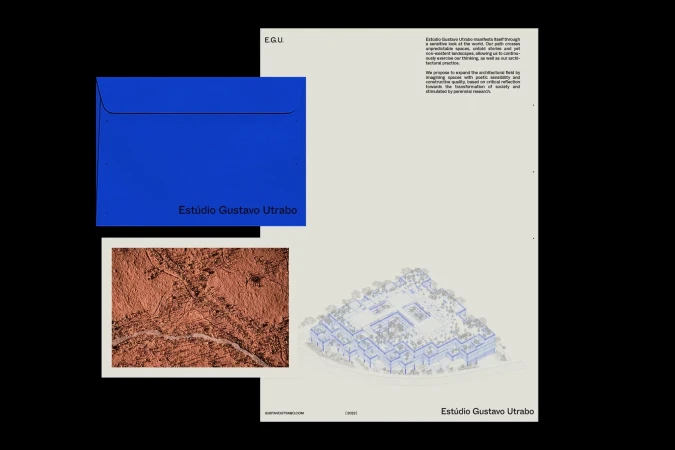 Architectural presentation featuring building blueprints, textured landscape imagery, and design firm's branding on a clean, modern layout.