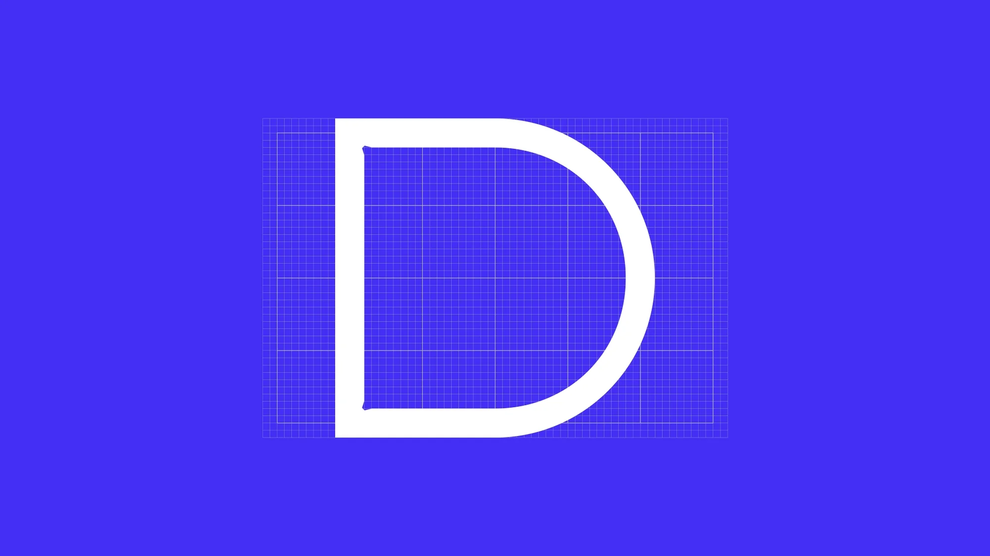 Graphic design featuring a white outlined letter D on a blue background with a faint grid pattern, creating a technical drawing aesthetic.