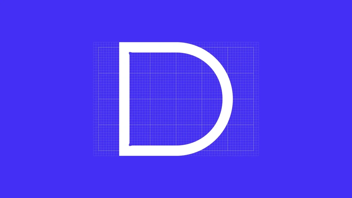 Graphic design featuring a white outlined letter D on a blue background with a faint grid pattern, creating a technical drawing aesthetic.