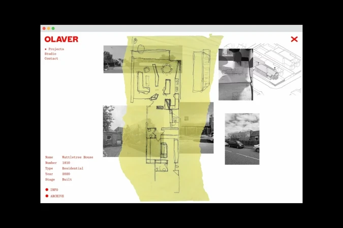 Web design showcasing architectural plans and photographs for the Battletree House project by OLAVER, featuring a minimalist layout.