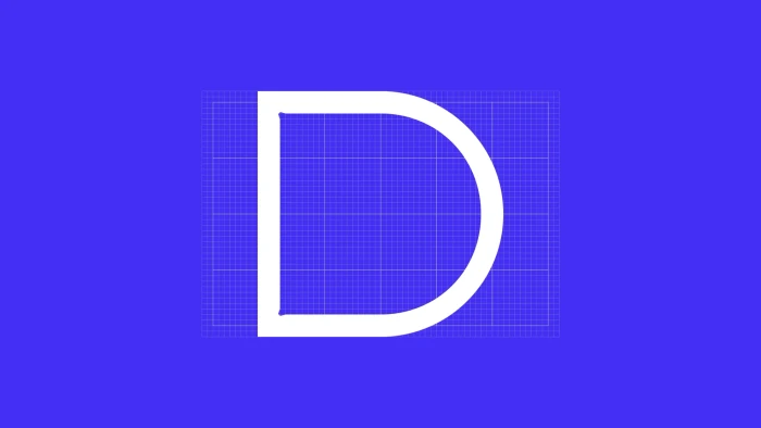 Large white capital letter D centered over a faint blue grid against a solid purple background