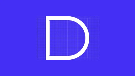 Large white capital letter D centered over a faint blue grid against a solid purple background