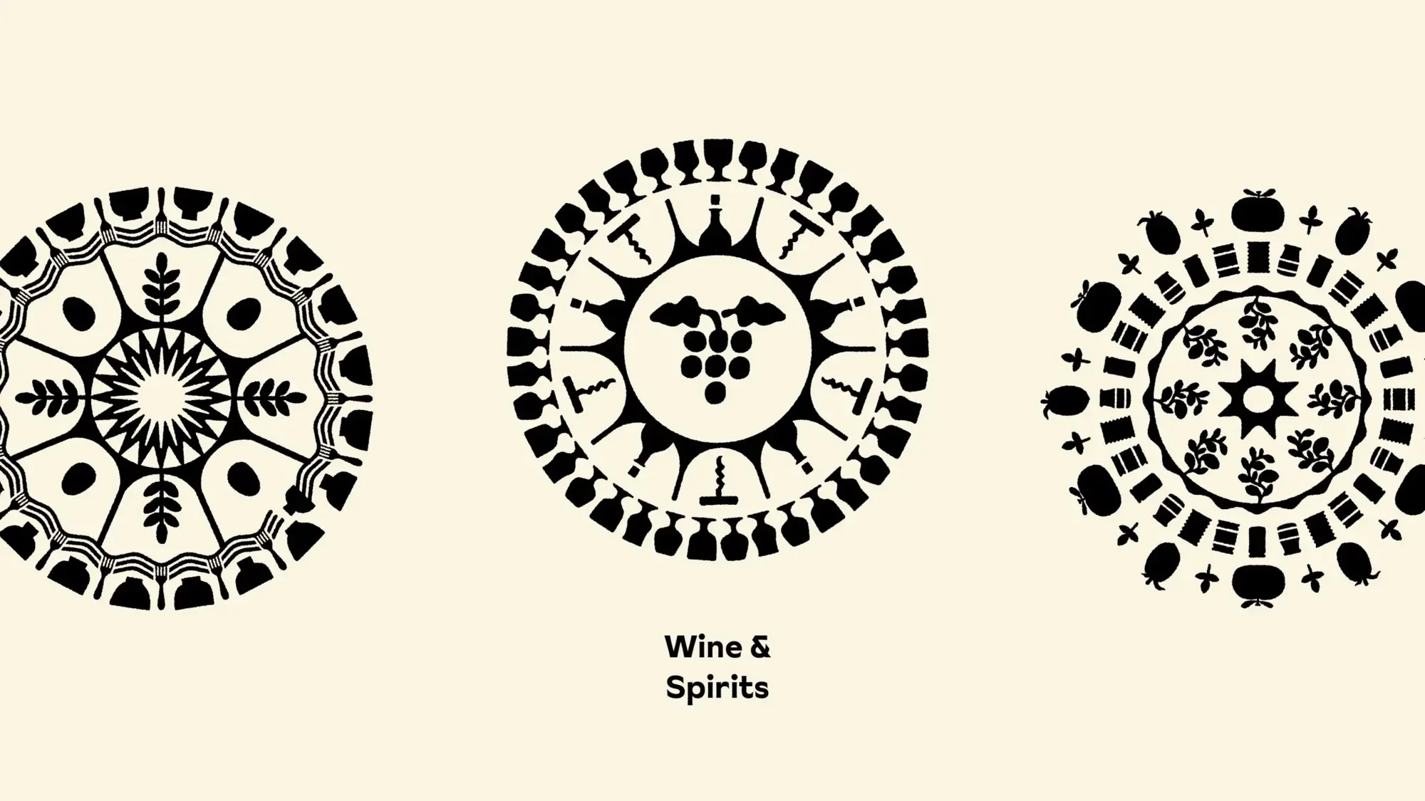 Digital illustration of three black and white circular mandalas featuring wine bottles, grapes, leaves, and other decorative shapes on beige.