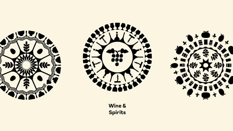 Digital illustration of three black and white circular mandalas featuring wine bottles, grapes, leaves, and other decorative shapes on beige.