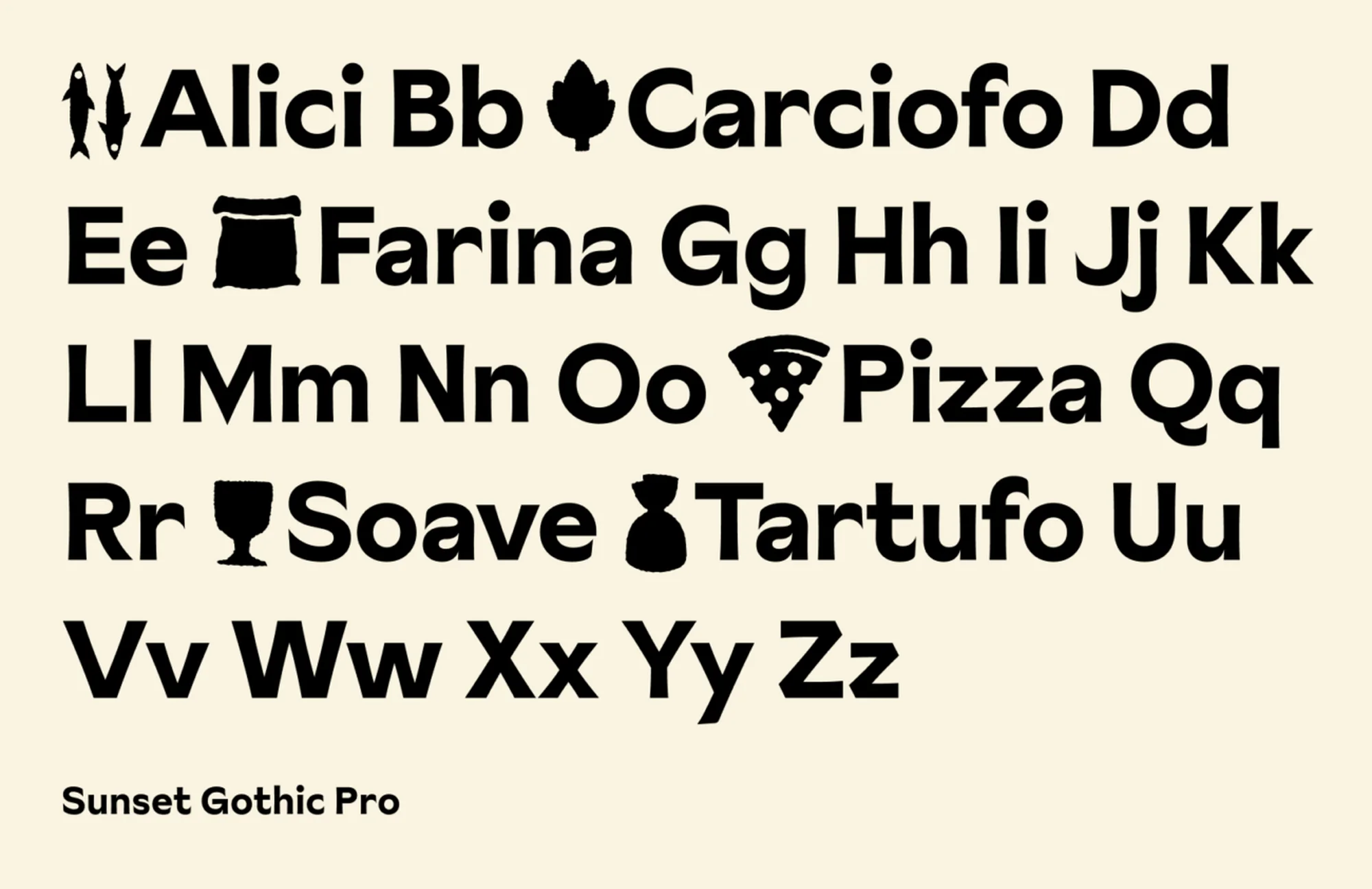 Font design displaying alphabet letters paired with food-related graphics, set against a cream background. Text reads 'Sunset Gothic Pro'.