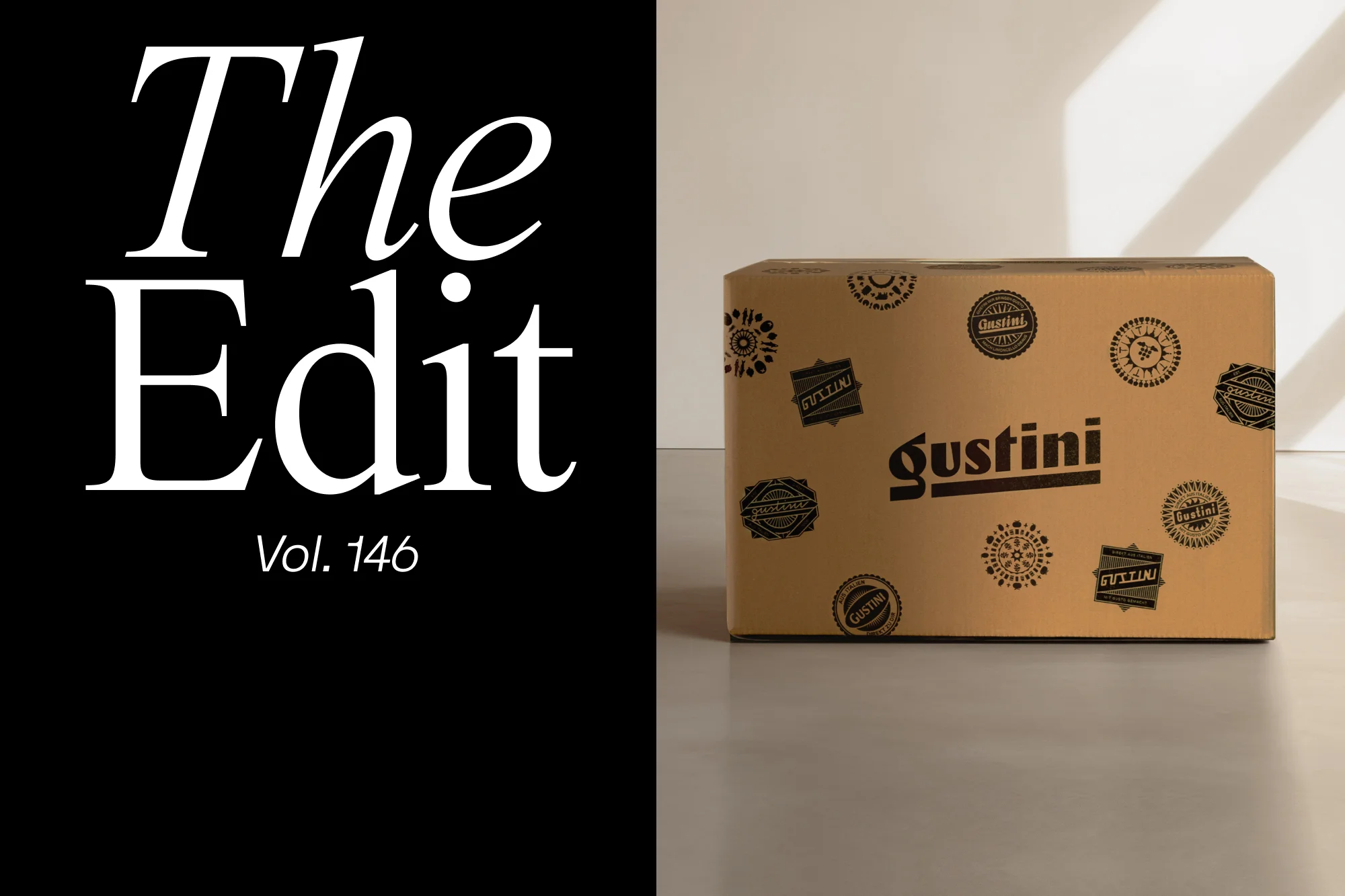 Cardboard shipping box branded with Gustini logos on a light surface beside a black panel with white typography reading The Edit Vol. 146