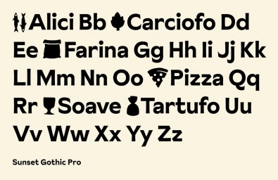 Typography showcase featuring custom alphabet characters with food icons for Gustini brand identity.
