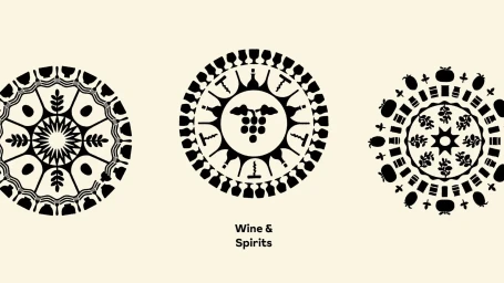 Three circular black icon designs featuring wine bottles and food motifs on a pale cream background for Gustini brand identity