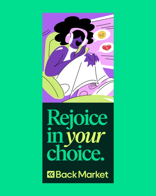 Illustration features an individual with headphones looking at a phone, next to text promoting Back Market, all against a vibrant green backdrop.