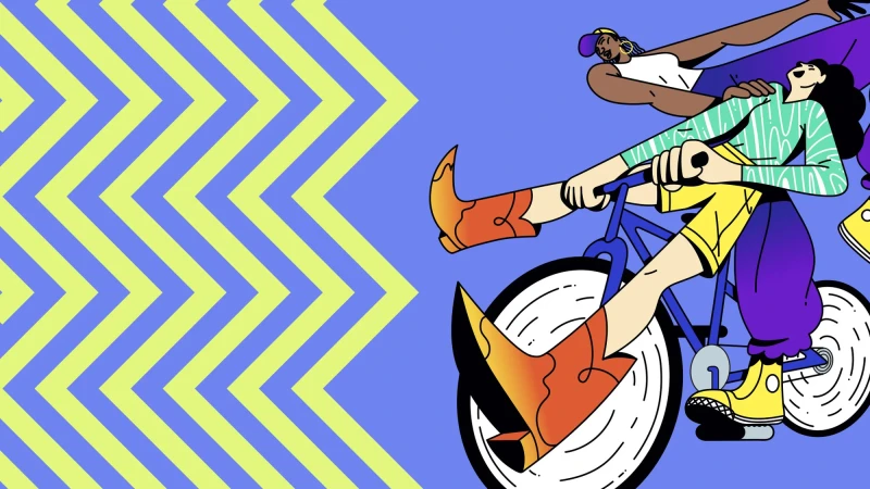 Illustration of two cartoon-style people riding a bicycle on a blue background with yellow zigzag patterns. Vector graphic art.
