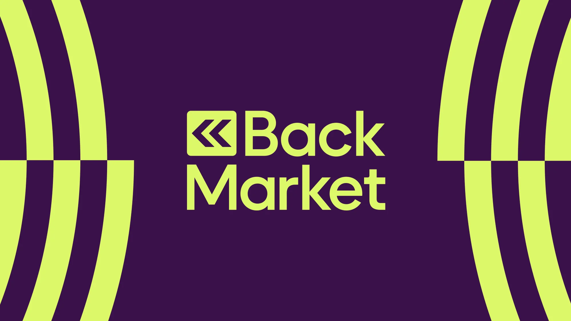Back Market logo against a purple backdrop with vertical curved lines in lime green; centered, simple background, and clean design.