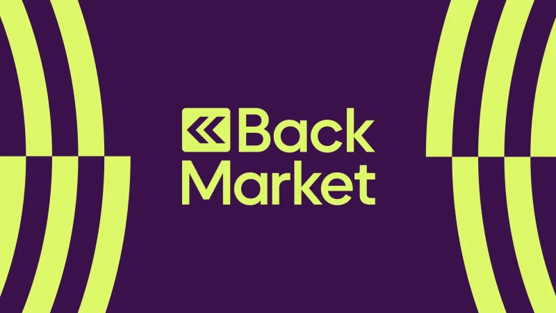 Back Market logo against a purple backdrop with vertical curved lines in lime green; centered, simple background, and clean design.
