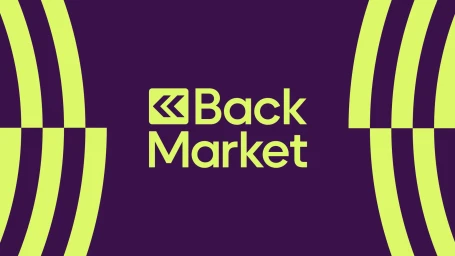 Back Market brand identity featuring white and lime green typography with curved graphic elements against a dark purple background.
