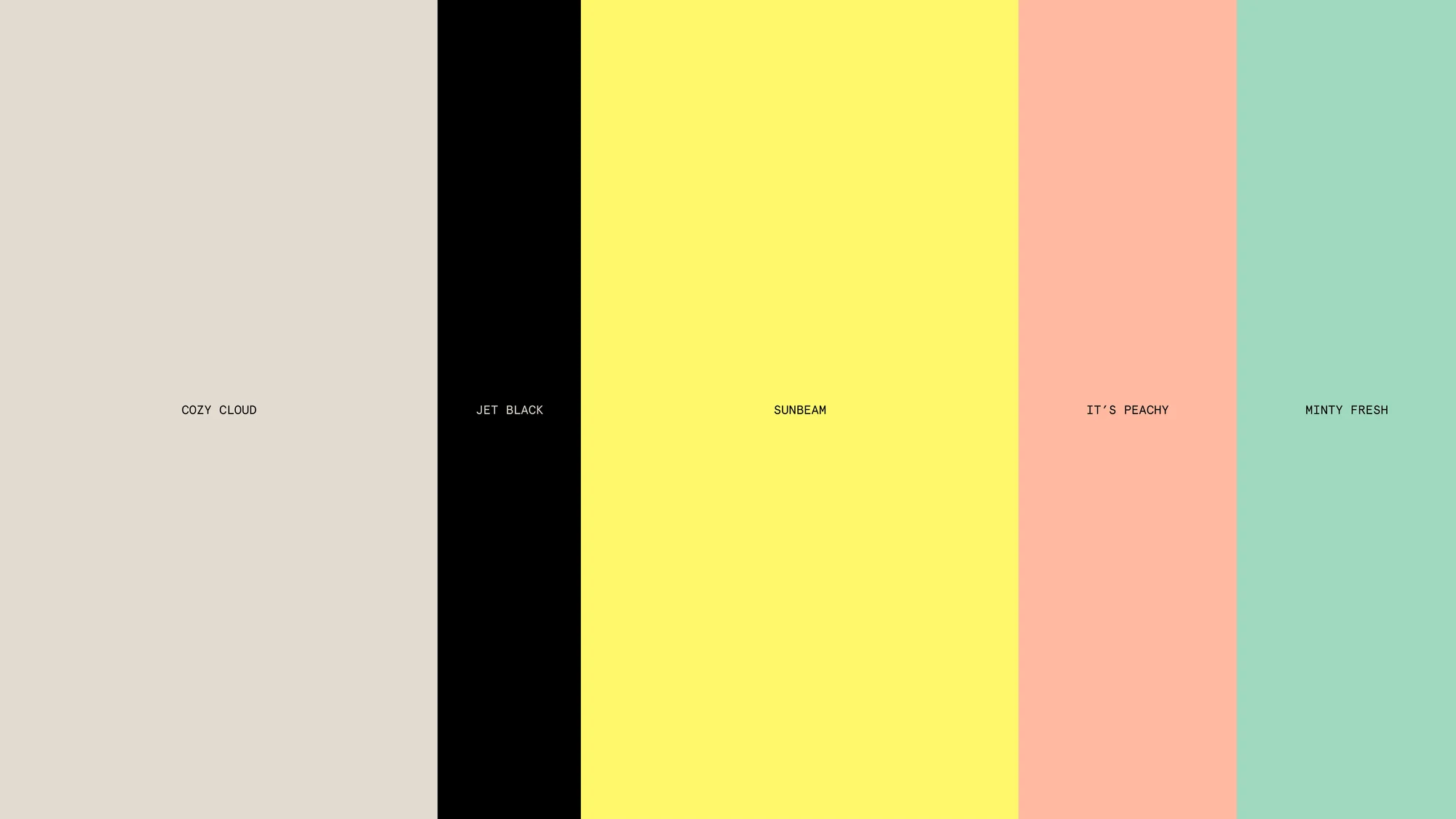 Color block design with five vertical sections: beige (Cozy Cloud), black (Jet Black), yellow (Sunbeam), peach (It's Peachy), and mint (Minty Fresh).