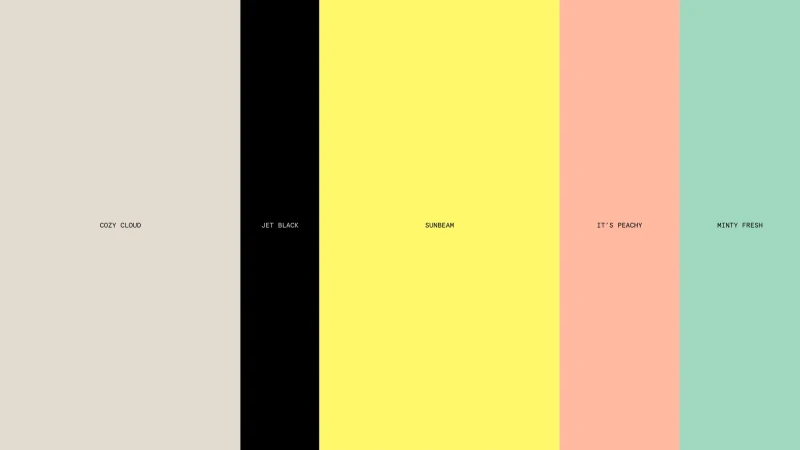 Color block design with five vertical sections: beige (Cozy Cloud), black (Jet Black), yellow (Sunbeam), peach (It's Peachy), and mint (Minty Fresh).