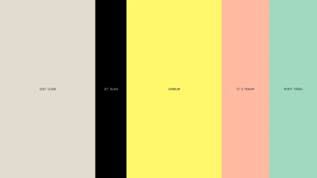 Colour palette with five vertical blocks showing Cozy Cloud, Jet Black, Sunbeam, It's Peachy, and Minty Fresh.