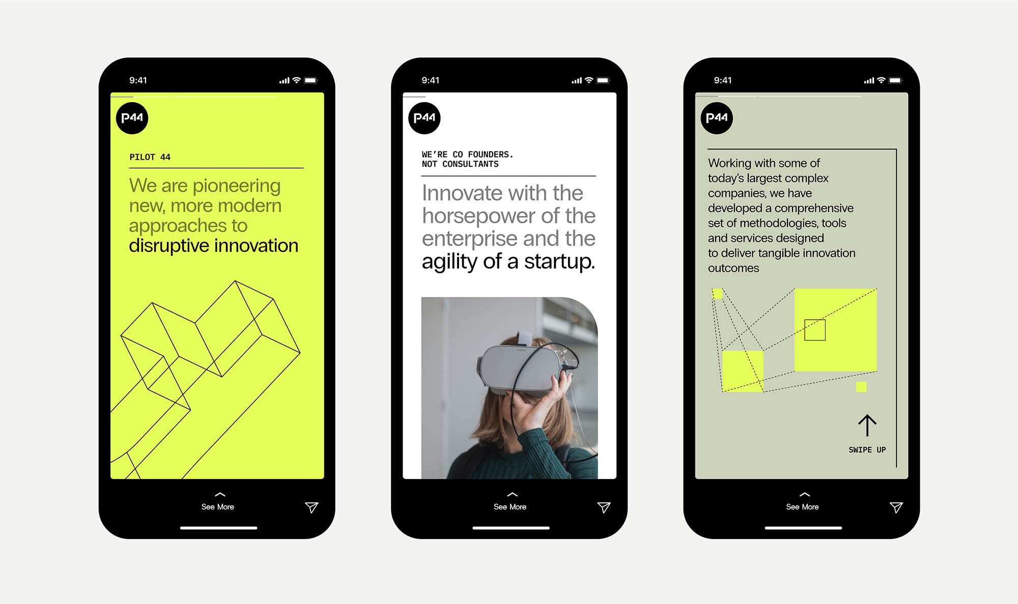 Three phone screens display P44 brand's modern, disruptive innovation approach with visual graphics and bold text against a light background.