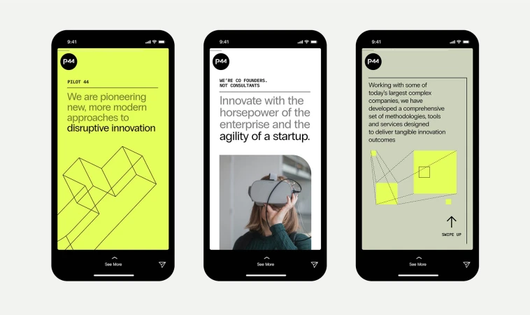 Three phone screens display P44 brand's modern, disruptive innovation approach with visual graphics and bold text against a light background.
